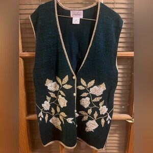 Jaclyn Smith Black and Gold Floral Sweater Vest